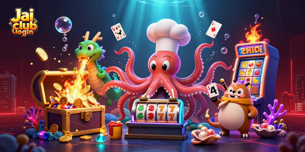 Join the excitement at Jai club login with a dynamic slot game scene featuring vibrant characters and casino elements.