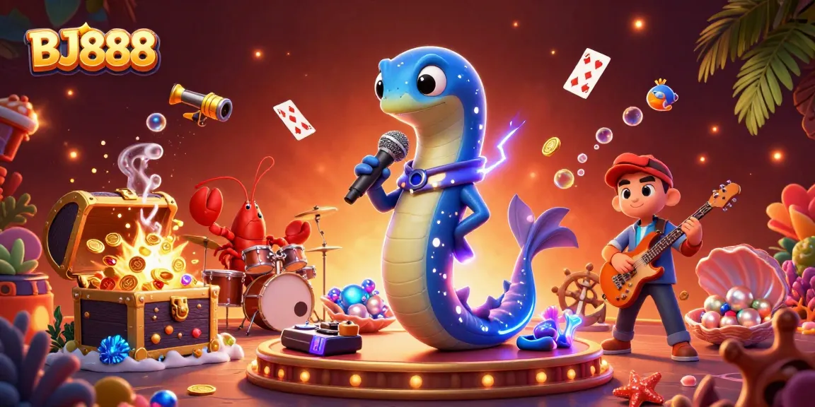 Experience the buzz of BJ888 with a vibrant underwater casino scene featuring a DJ electric eel, lobster drummer, and seahorse guitarist.