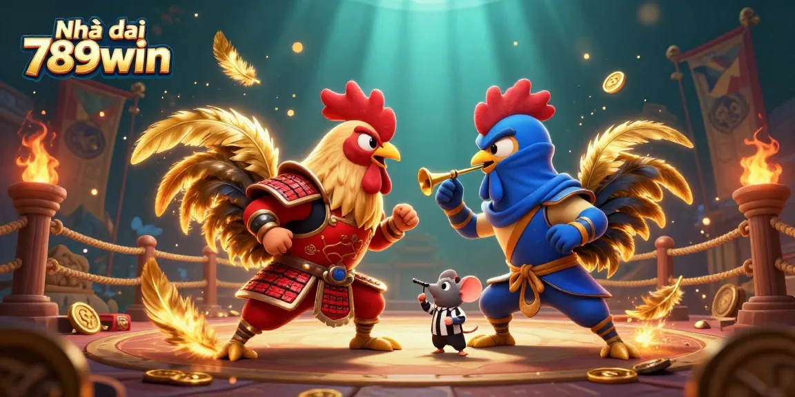 Engage in dynamic betting action with Nhà cái 789win's thrilling fight illustration of cartoon roosters.