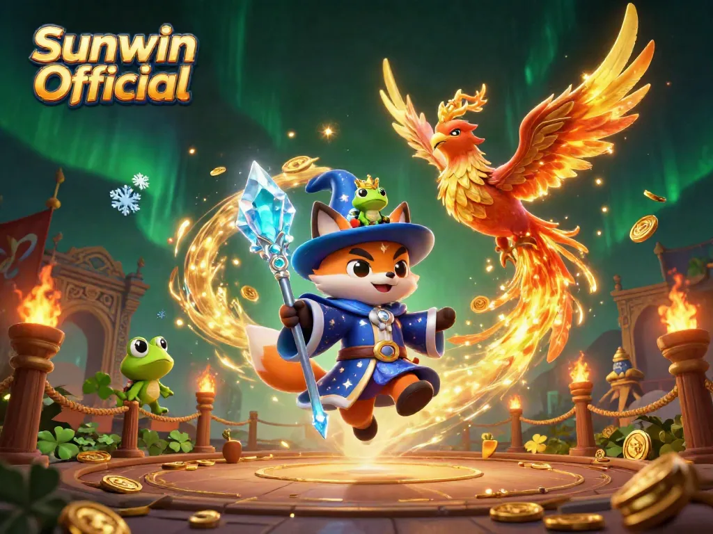 Engage in thrilling gameplay with Sunwin Official’s magical wizard fox and phoenix illustration.