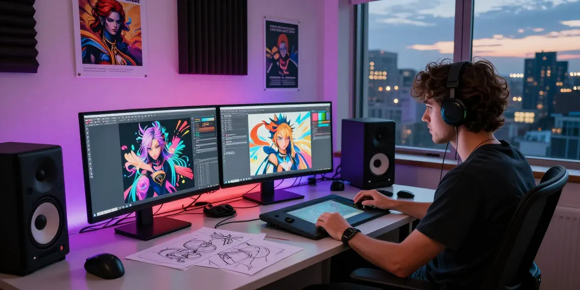 Artist creating NSFW AI art in vibrant digital studio environment