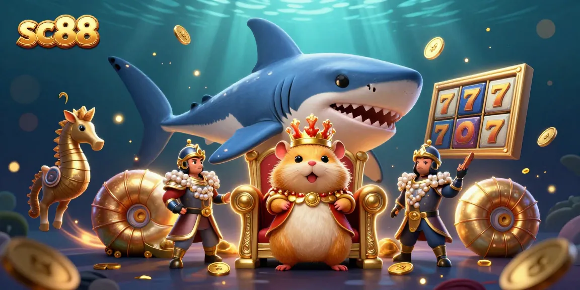 Immerse in sc88 gaming action; a golden hamster king oversees a bustling slots scene.