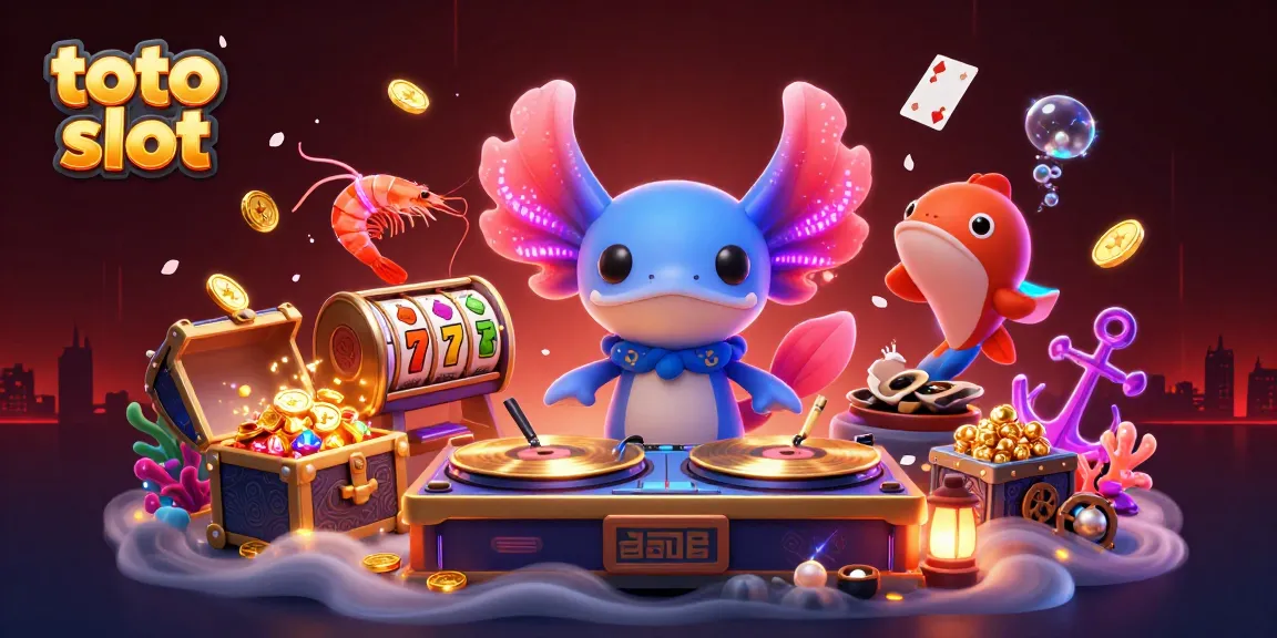 Engage in toto slot excitement with a vibrant axolotl DJ and colorful underwater casino elements.