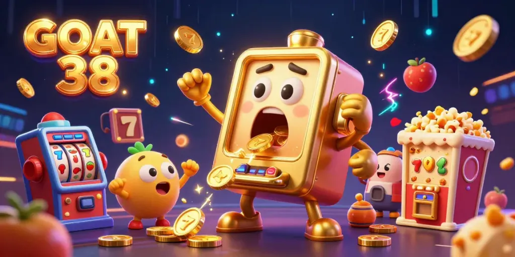 Engaging depiction of GOAT 38 slot machine hitting jackpot and celebrating with coins, highlighting vibrant casino action.