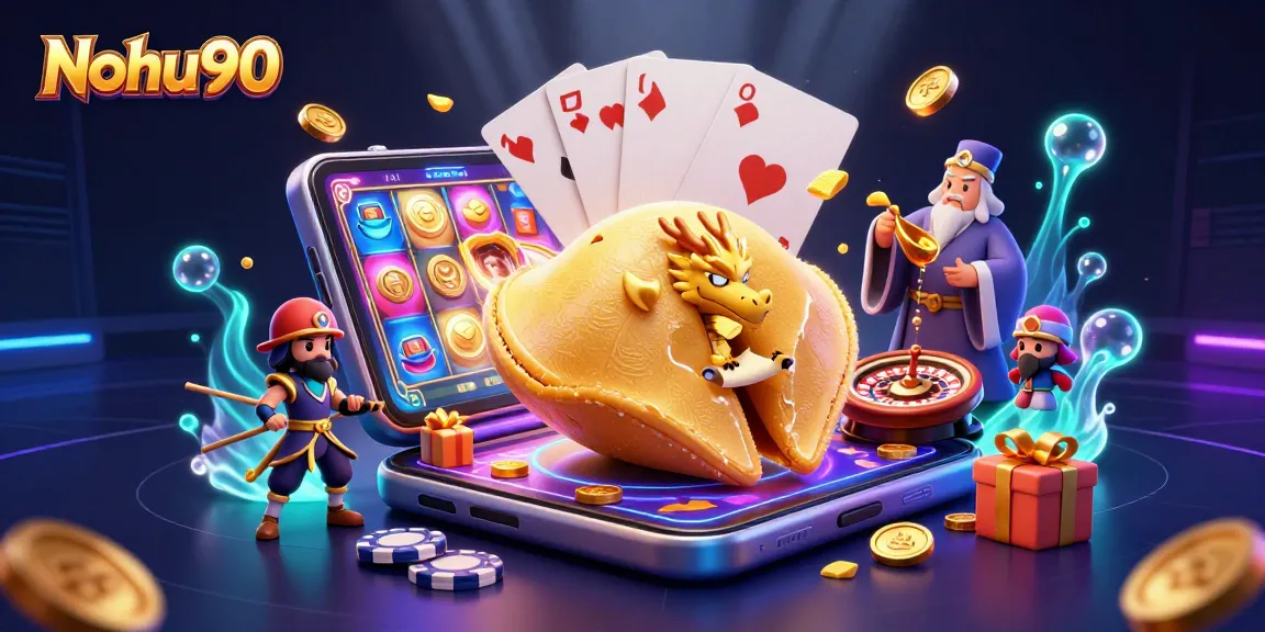 Nohu90 players engage with a vibrant 3D illustration of golden fortunes and exciting slot games, enriching the gaming experience.