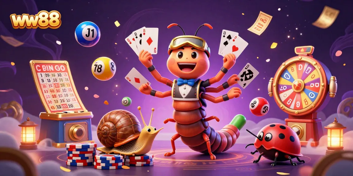 Engage with delightful games at ww88 with a vibrant 3D casino scene illustrating a millipede dealer and exciting elements.