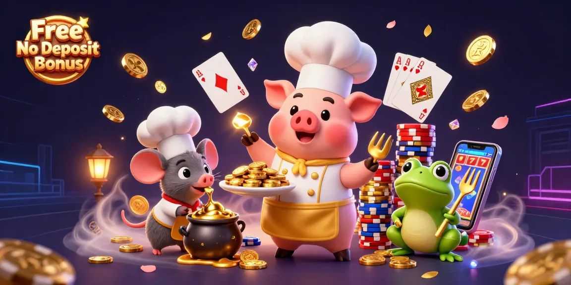 Engage with Free No Deposit Bonus as the chef pig serves gold coins amidst dynamic casino elements.