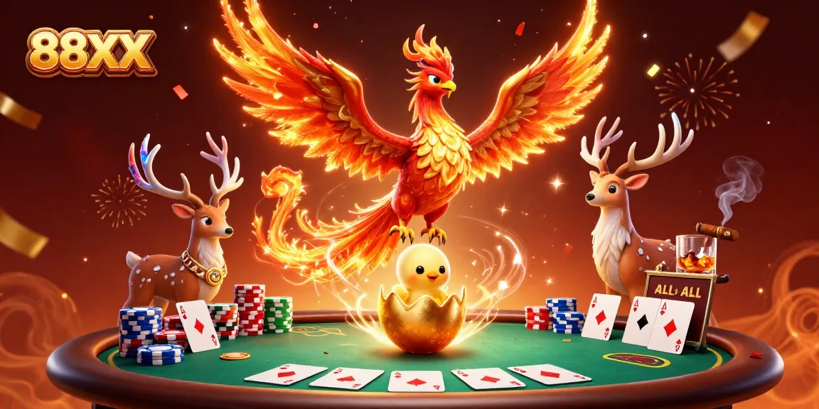 Experience the thrill of 88XX with a vibrant casino scene featuring a fiery phoenix and poker elements.