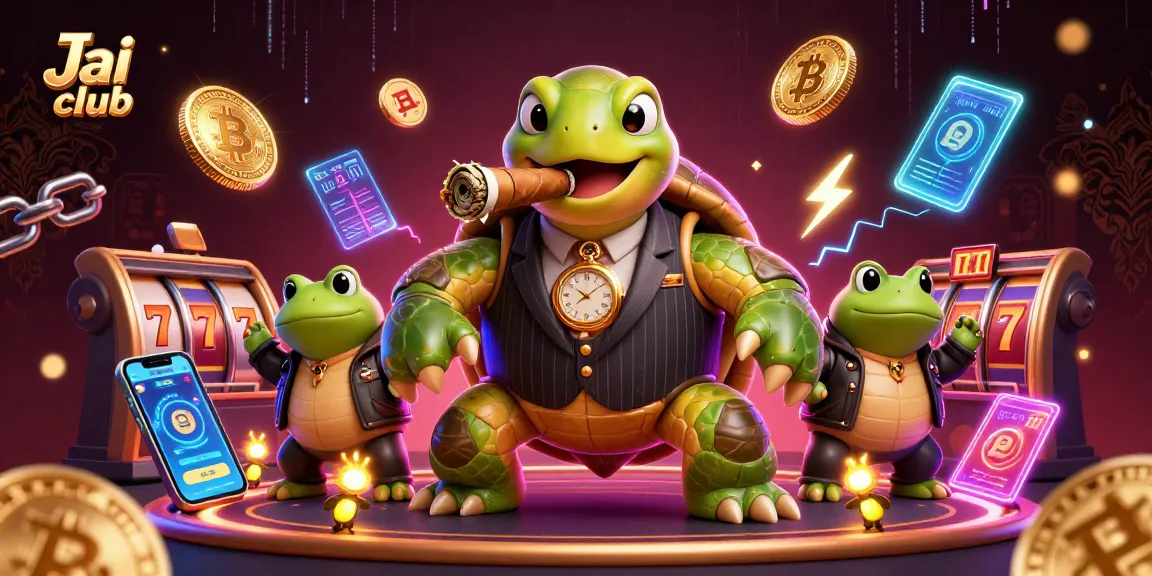 Engage with Jai club's vibrant gaming scene featuring a charming turtle in a mobster suit surrounded by various casino elements.