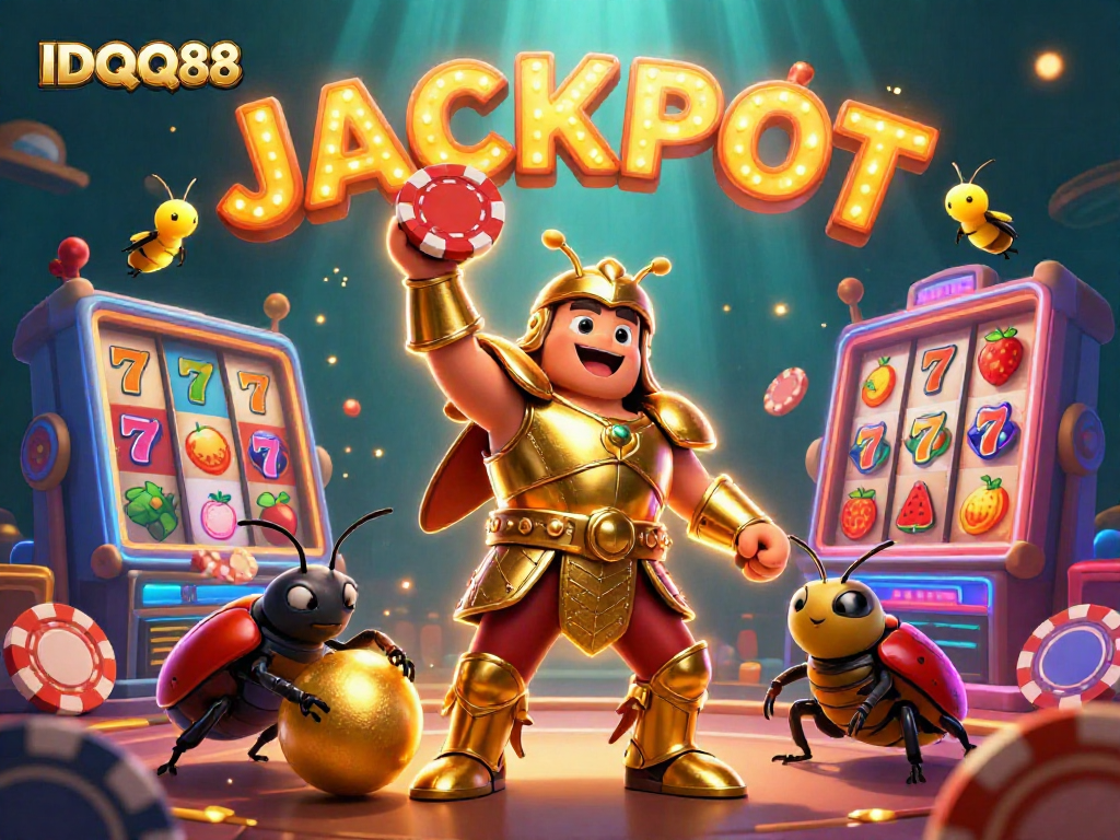 Experience the thrill of IDQQ88 with a heroic beetle claiming victory in a vibrant casino scene.