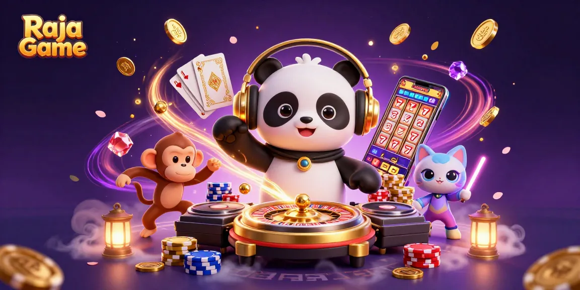 Engage with Raja Game's thrilling atmosphere, featuring characters and winning action in a vibrant casino scene.