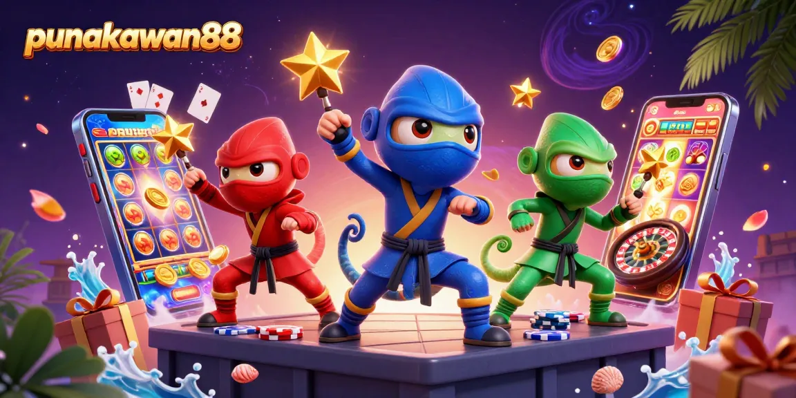 Punakawan88 showcases a vibrant 3D ninja chameleon team amidst dynamic casino elements like slot games and poker chips.