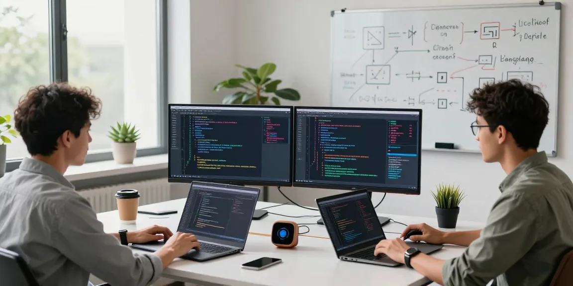 Team analyzing large language models in a vibrant tech workspace with data visualizations and innovative discussions.