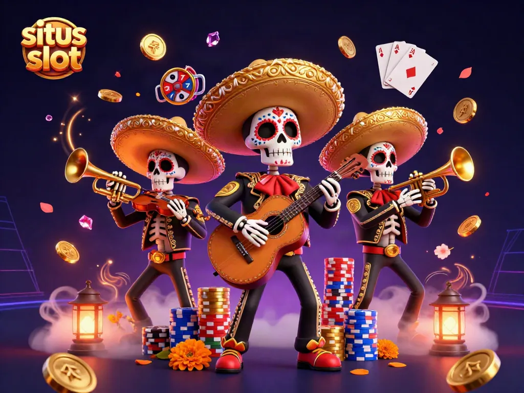 Mariainkan slot simbol dan jackpot di situs slot dengan mariachi skeleton yang bermain alat musik.