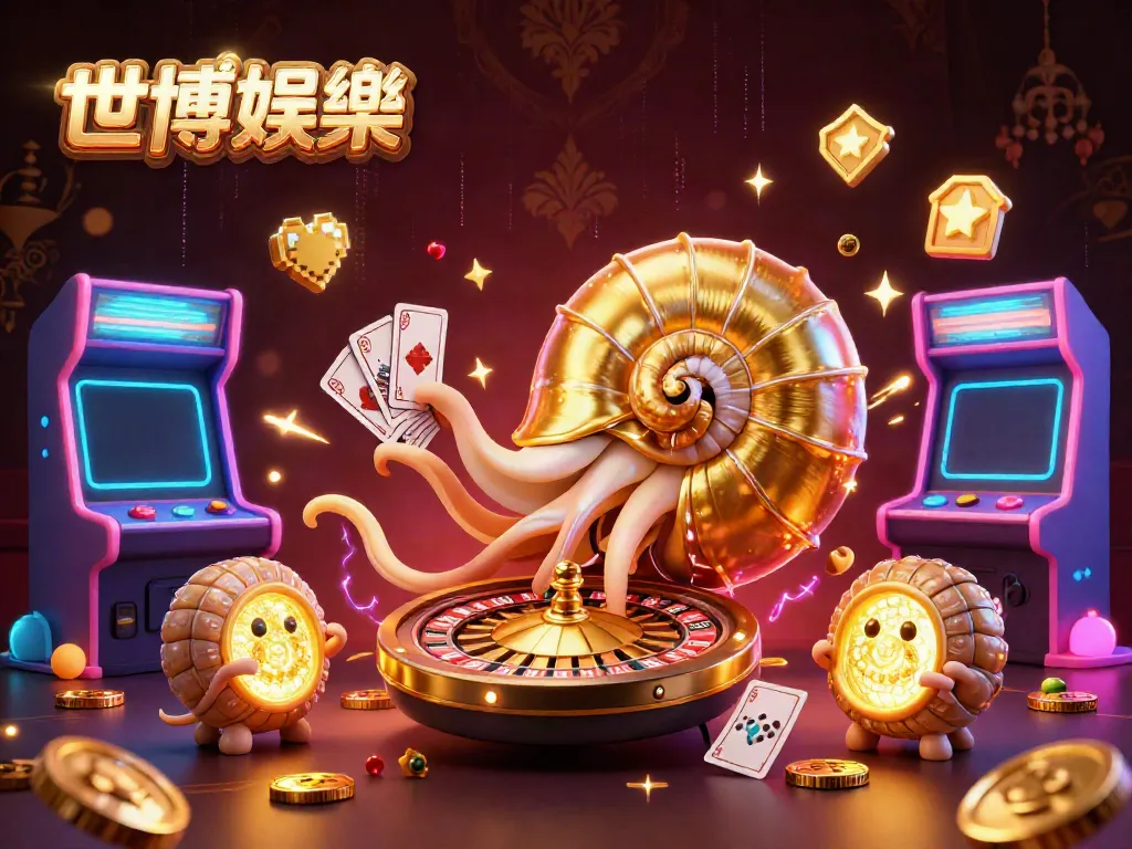 在世博娛樂的3D插圖中，哥倫布貝殼轉盤和手持多副牌的海洋生物展現了奪目的賭博氛圍。
