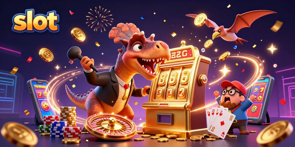 Experience the thrill of slot winnings as a dinosaur interacts with a golden slot machine and flying coins.