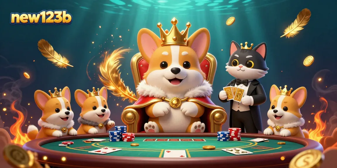 Experience thrilling play at new123b with a royal corgi atop a poker throne, surrounded by dynamic casino elements.