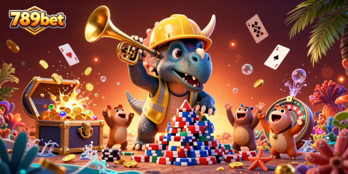 Engage with 789bet's vibrant casino world as a triceratops constructs a poker chip pyramid.