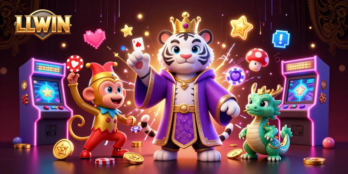 LLWIN offers a vibrant casino experience with a scene featuring a white tiger, monkey, and dragon surrounded by gaming icons.