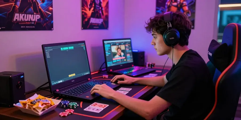 Engaging online gambling setup featuring akunjp gameplay on a vibrant laptop with chips and cards.