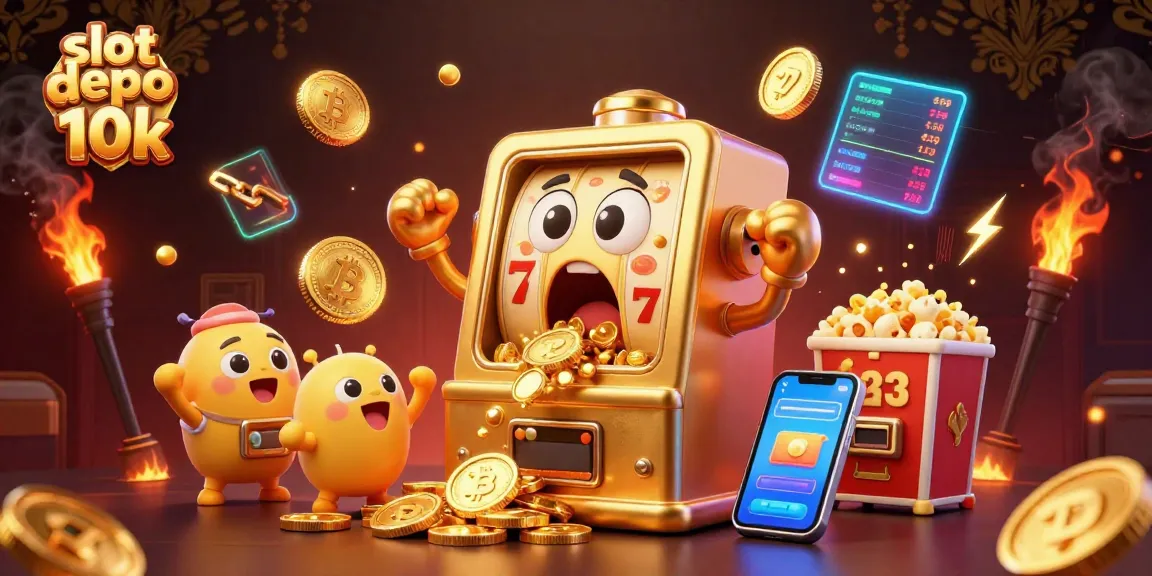 Semua tentang slot depo 10k dengan mesin slot emas dan koin yang terbang.