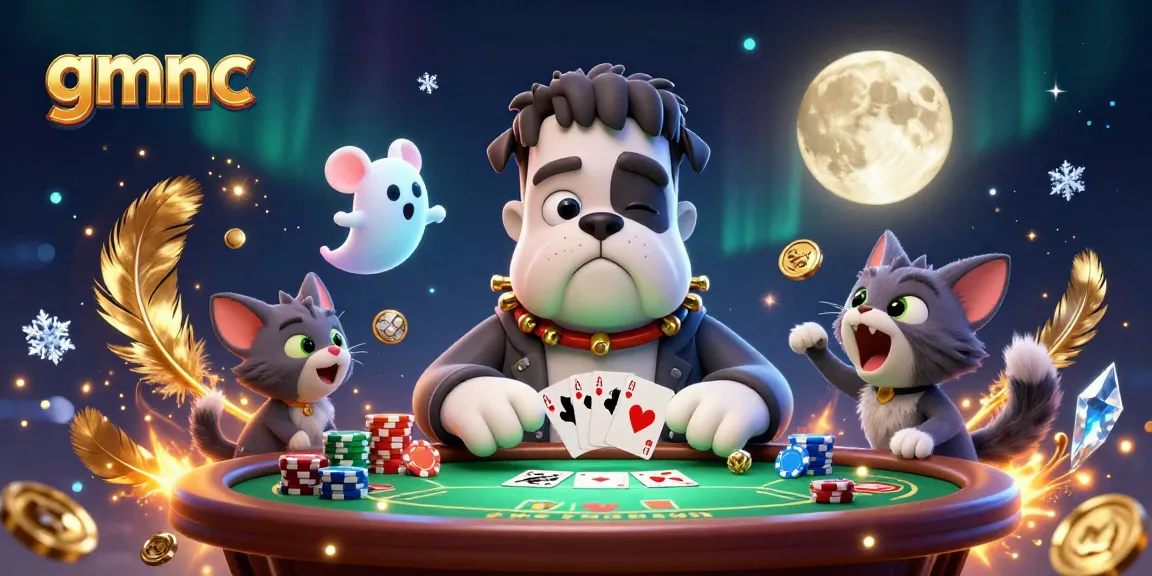 gmnc showcases a dramatic scene with a Frankenstein bulldog dealing poker cards at a spooky table.