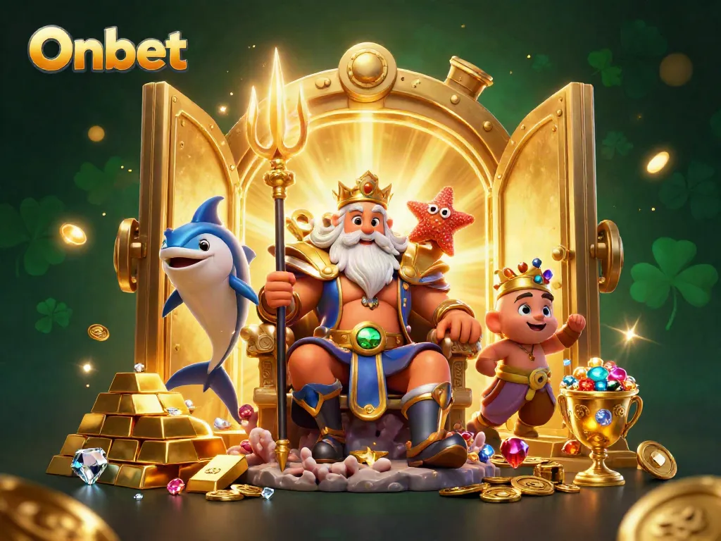 Engage with Onbet in this vibrant, 3D illustration showcasing thrilling casino action and gemstone treasures.