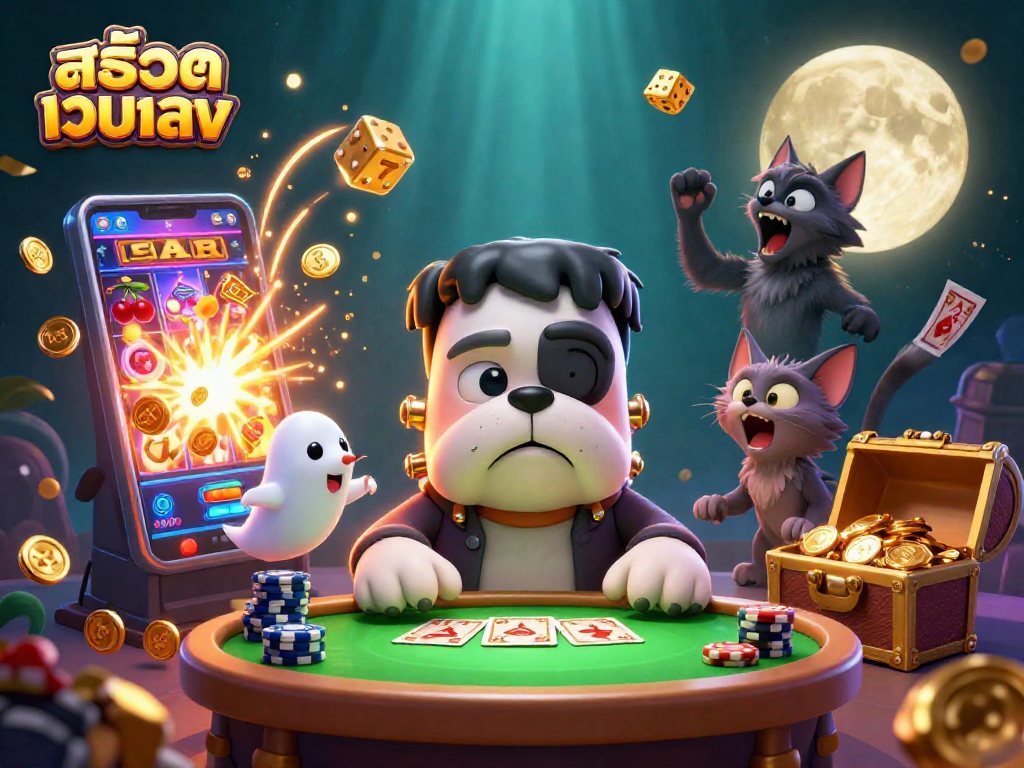 Engage with สล็อตเว็บตรง at a vibrant casino table with animated characters, exciting games, and jackpot bursts!