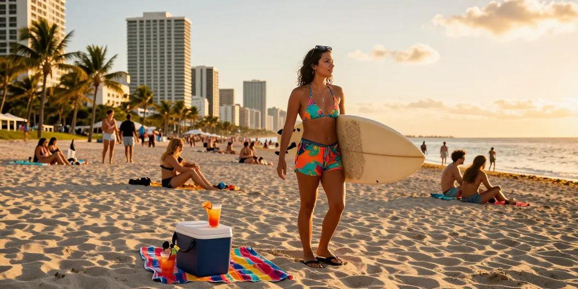 Pengunjung pantai Miami 4D bersenang-senang di sore hari, berselancar dengan suasana cerah.