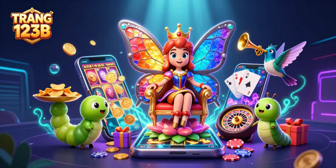 TRANG CHỦ 123B: Experience vibrant slots with a butterfly queen in a casino-themed illustration.