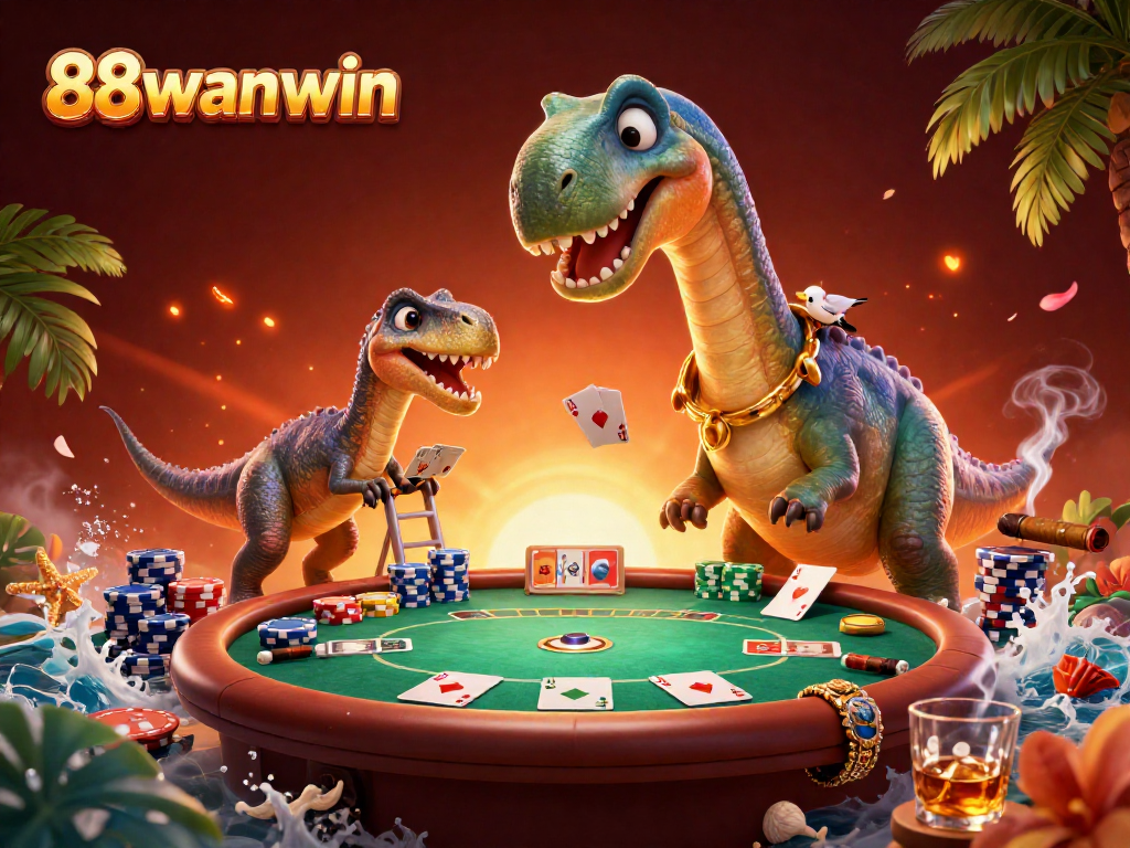Experience thrilling gaming moments with 88wanwin's fun casino scene featuring a giant brontosaurus.