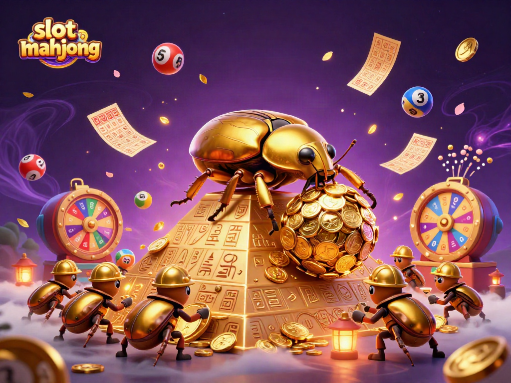 Gameplay action in slot mahjong with vibrant casino elements like golden coins and lottery balls.