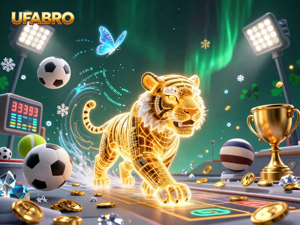 Win with UFABRO in a lively 3D casino scene with sports betting elements and vibrant colors.
