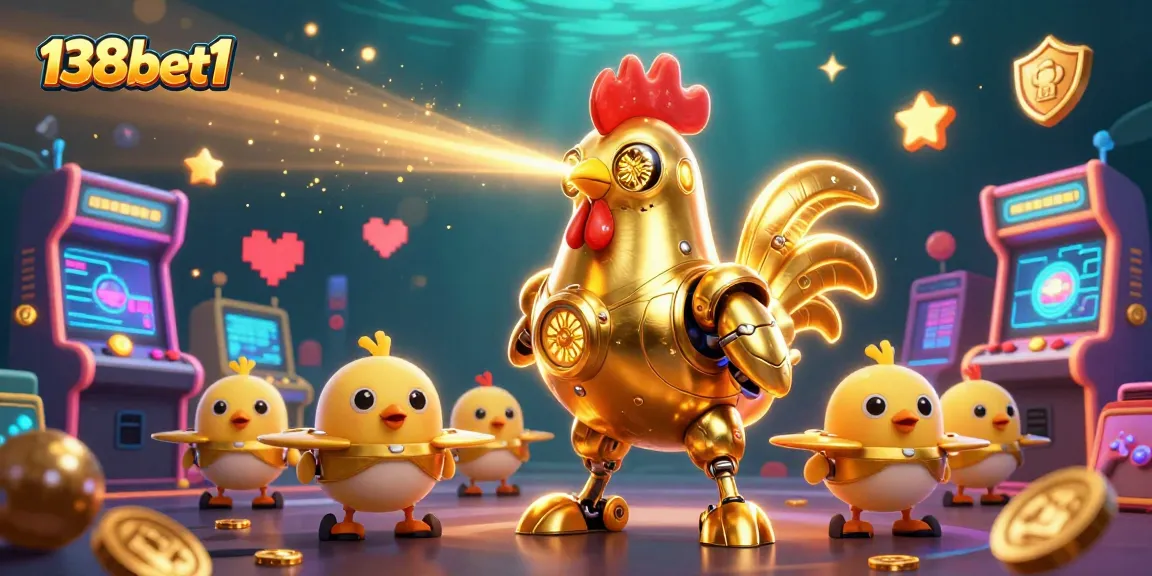 Engage with 138bet1's exciting gameplay featuring a golden rooster robot amidst vibrant casino elements.