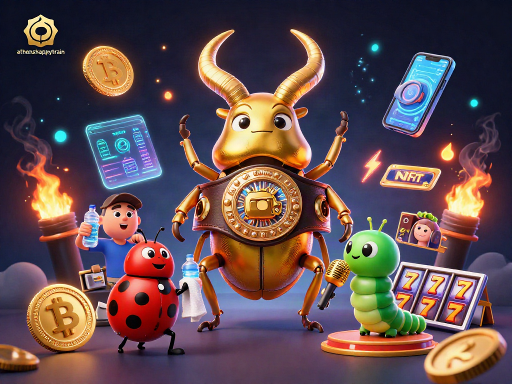 Engage with athenshappytrain's thrilling gaming atmosphere featuring unique characters and crypto elements.