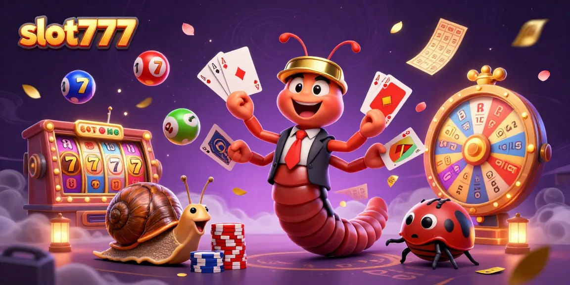 Slot777 memukau dengan dealer kartun, simbol jackpot, dan bola lotere berwarna-warni dalam suasana penuh energi.