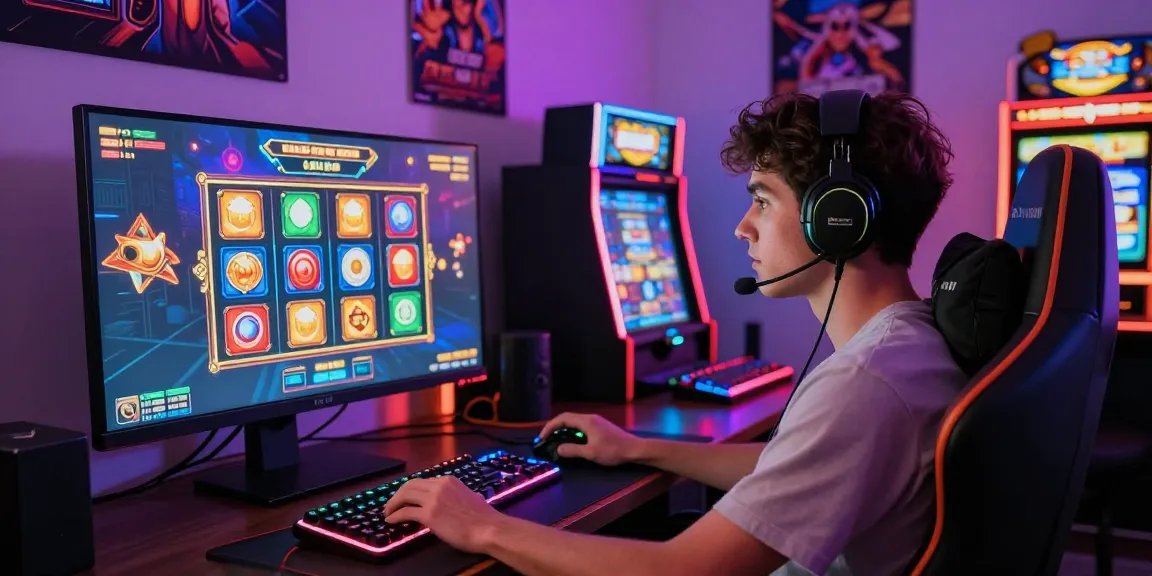 Engaged player enjoying slot online game on desktop, surrounded by vibrant gaming atmosphere.
