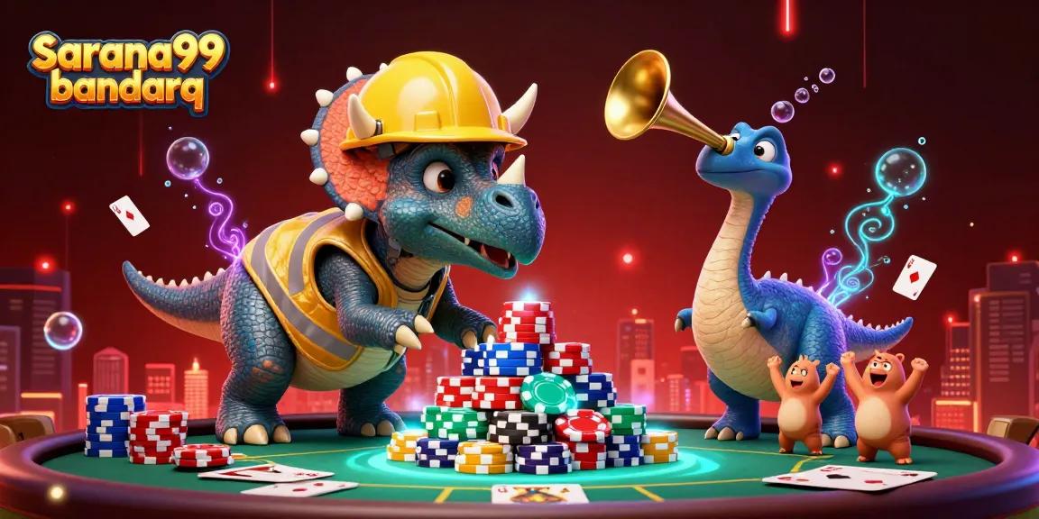 Sarana99 bandarq showcases a dynamic poker scene with cheerful characters and vibrant game elements.