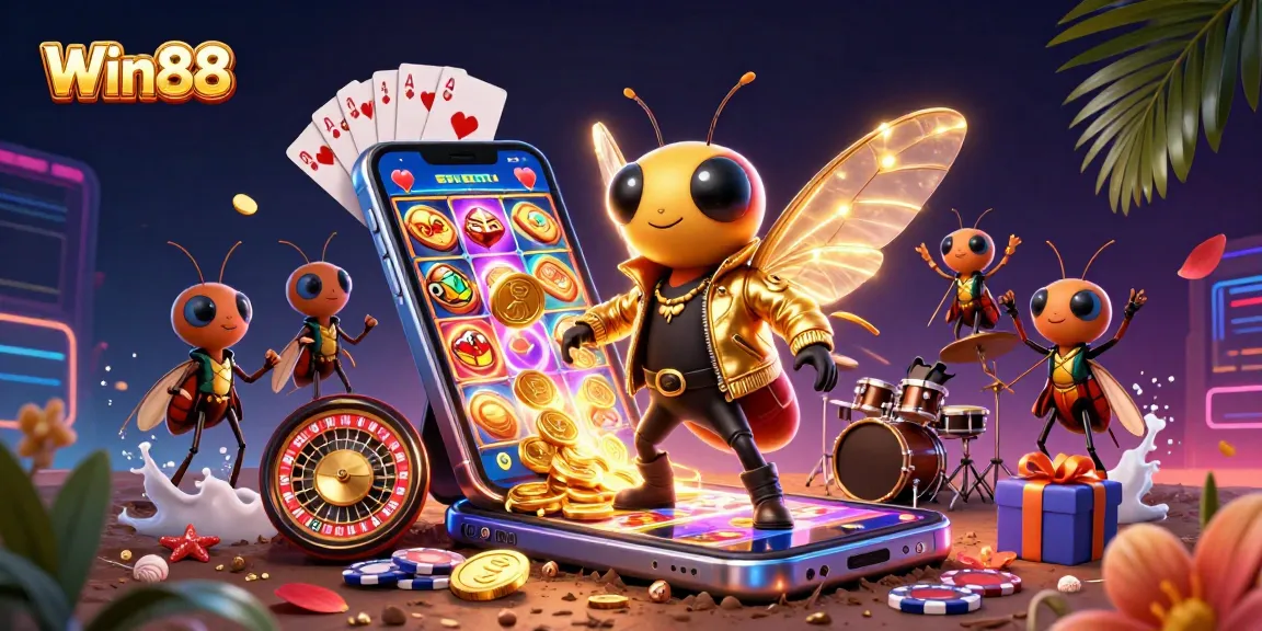 Win88: Experience thrilling gaming with a rock star cicada at colorful slot reels and dynamic casino elements.