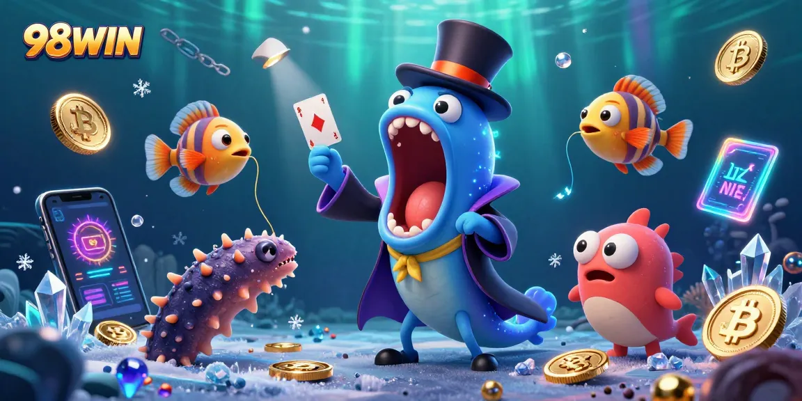 Experience the thrilling world of 98WIN with a vibrant underwater magic act featuring playful sea creatures and crypto elements.