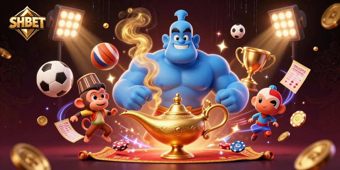 SHBET gamers explore a vibrant scene with a blue genie and poker elements in a dynamic casino setting.