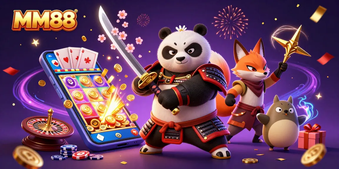 Engage in thrilling MM88 casino action with a vibrant 3D illustration showcasing samurai panda and gaming elements.
