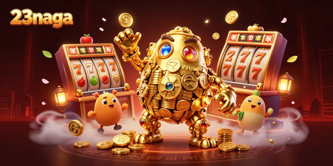 Spin the reels and win big with 23naga's dynamic online slot games in this vibrant illustration.