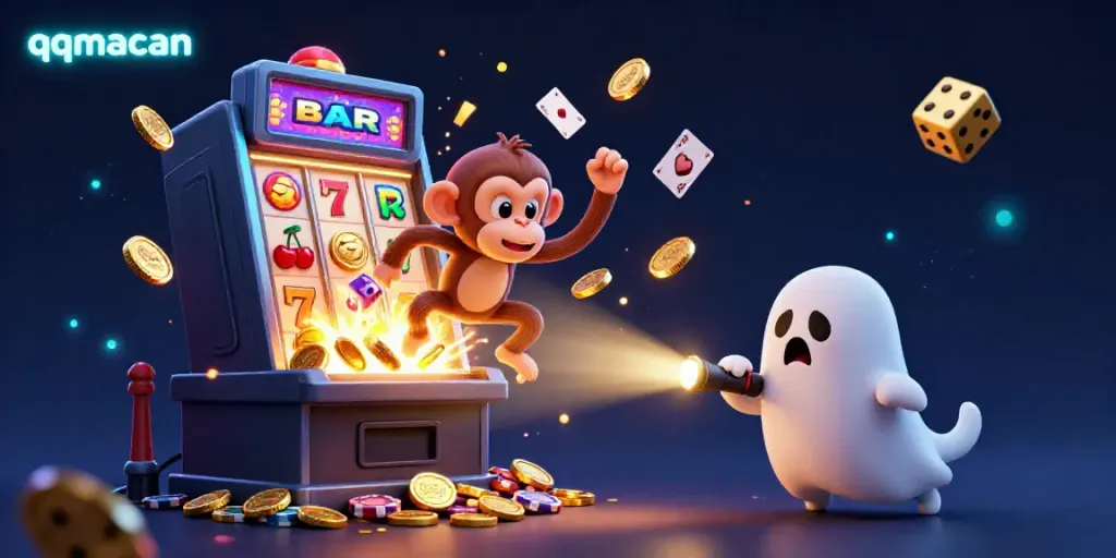 Engage in the thrilling qqmacan casino experience featuring a ghostly monkey juggling golden coins and jackpot symbols.
