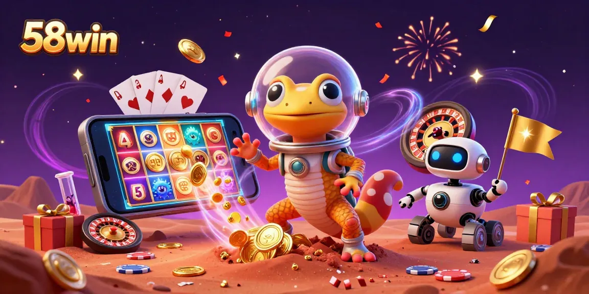 Experience 58win with dynamic casino adventure, featuring alien characters and colorful games.