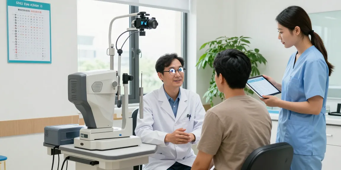 Patient consultation at SNU Eye Clinic about icl いくら？ in a modern examination room with advanced eye care technology.