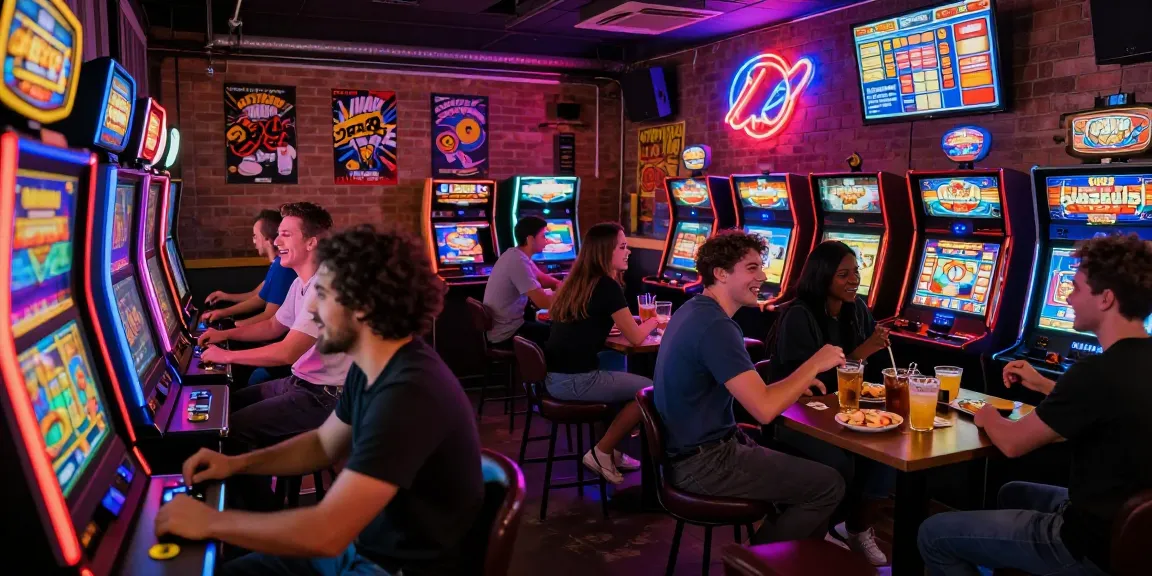 Pengunjung situs slot gacor merayakan kemenangan di arcade bar yang meriah.