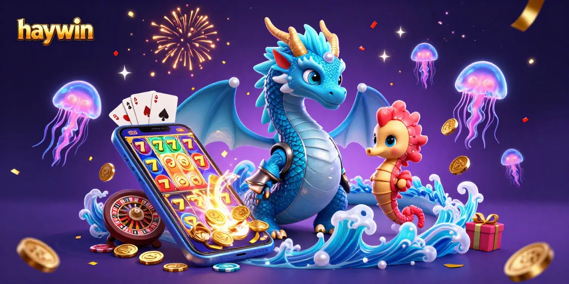 Join the excitement of haywin with a 3D cartoon dragon, gaming elements, and vibrant casino colors.