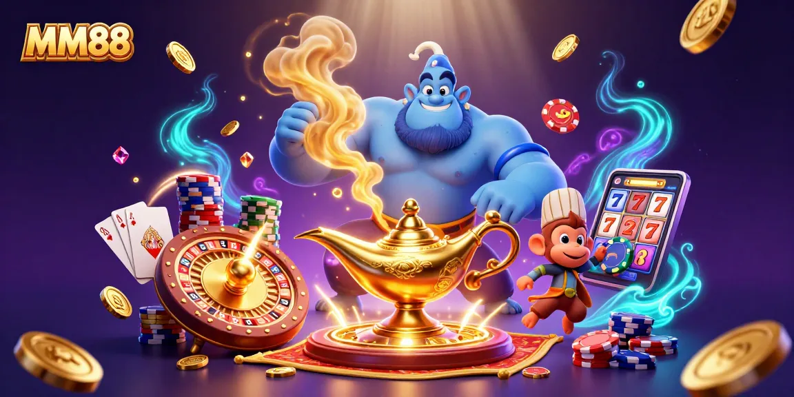 Experience the magic of MM88 with a dynamic casino scene featuring a genie and treasures.