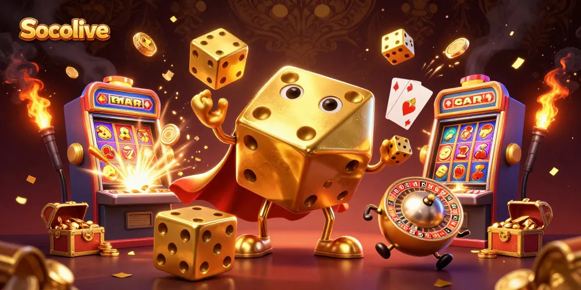 Socolive enhances the gaming experience with vibrant 3D cartoon illustration featuring action-packed casino elements.